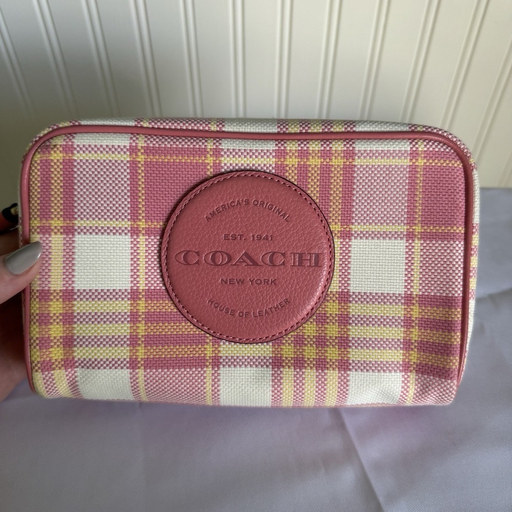 Coach Plaid Dempsey Boxy Cosmetic Makeup Toiletry Bag Wristlet Pink Taffy Multi